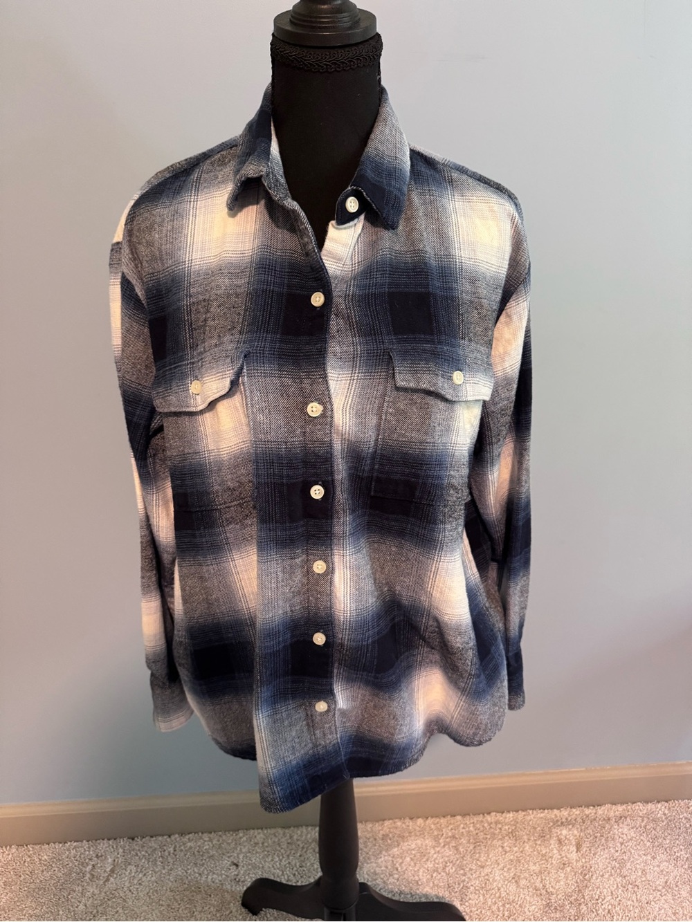 Ladies Blue Plaid Button-Up Shirt